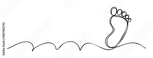 Continuous single line drawing depicting a human footprint and a winding wavy path, suitable for symbolizing personal journey, progress, or future steps.