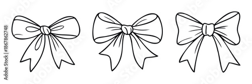 A charming collection of handdrawn gift bows featuring various ribbon styles, perfect for adding decorative accents to greeting documents, holiday packaging, or celebratory event
