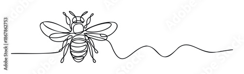 A minimalist continuous line drawing of a honeybee with a wavy flight path, ideal for modern nature inspired logos, environmental graphic elements, and simple spring or summer projects.