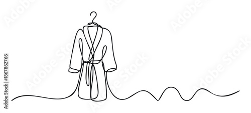 Minimalist one line drawing of a comfortable bathrobe hanging on a hanger, perfect for lifestyle blogs, spa promotions, hotel amenities, and comfortthemed graphic materials.