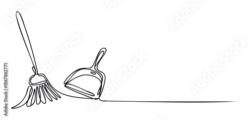 A minimalist continuous line drawing depicting a broom and dustpan, perfectly illustrating home cleaning, domestic chores, and household maintenance for various graphic applications.