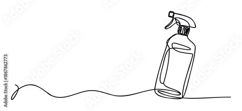 Continuous line drawing of a household spray bottle for cleaning and sanitizing applications for home care product packaging or hygiene awareness campaigns
