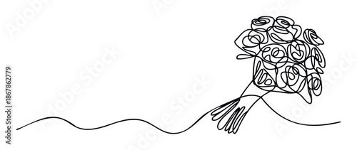 Continuous line drawing of a flower bouquet presenting a minimalist modern aesthetic ideal for graphic design projects and romantic occasion themes.