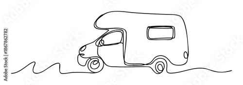 A recreational vehicle or camper van drawn in a continuous flowing single line, perfect for travel blogs, vacation planning websites, or vehicle themed graphic projects.