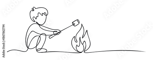 Simple continuous line drawing featuring a crouching person roasting a delicious marshmallow over a small stylized campfire, excellent for illustrating outdoor recreation activities or
