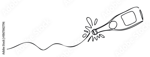 Elegant black line drawing of a champagne bottle uncorking with a splash, creating a dynamic visual for celebration, luxury events, or festive greeting designs.