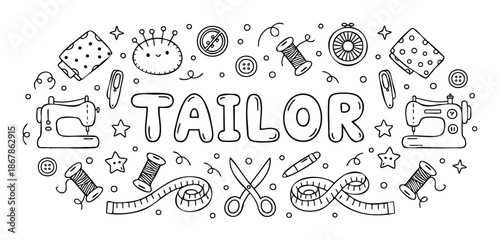 Charming hand drawn tailoring and sewing tools doodle collection ideal for craft projects, DIY hobbies, textile school materials, and apparel industry promotions.