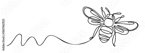 Minimalist one line drawing of a flying bee with a wavy trail symbolizing movement and energy, perfect for nature themed branding and environmental awareness campaigns.