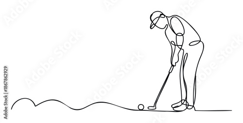 Single continuous drawing depicting a golfer in the stance of hitting a golf ball with a club, suitable for athletic event advertising and sports club promotional materials.