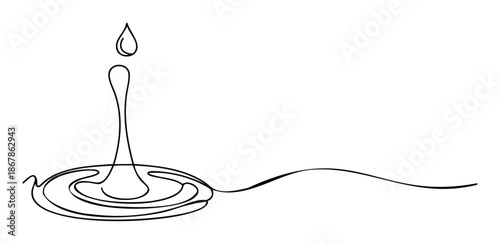Elegant continuous line drawing of a water drop impacting a liquid surface, creating symmetrical ripples, symbolizing freshness, purity, and natural flow for various conceptual projects.