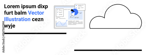 Data analysis, cloud technology, SaaS tools, information processing, cloud storage, business intelligence. A digital dashboard with graphs and charts next to a cloud outline. Data analysis and cloud