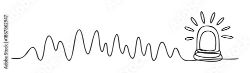 A continuous line drawing depicting a wavy sound or thought wave transforming into an illuminated light bulb, symbolizing communication, problemsolving, or the emergence of a new idea for