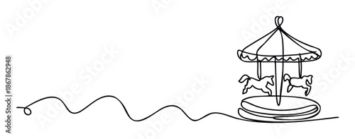 Simple continuous line drawing of a fun carousel with horses, perfect for childrens events, amusement park themes, or playful graphic communication designs and marketing materials.