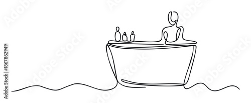 Simple one line drawing of a person relaxing in a bathtub with bottles on the edge, perfect for wellness and selfcare themed promotions or tranquil lifestyle imagery.