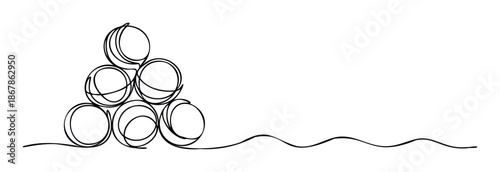 Dynamic single line drawing depicting a stable pyramid of spheres connected to a flowing wavy line, perfect for symbolizing connection, balance, or progression in contemporary visuals.