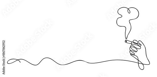 A minimalist continuous line drawing illustrates a human hand holding a smoking cigarette or vape pen, with expressive smoke, ideal for public health campaigns and contemporary graphic