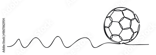 Dynamic continuous line drawing of a soccer ball with a wavy path perfect for sport event promotions or athletic graphic resource material