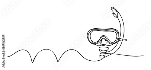 Simple continuous line drawing of a snorkeling mask and snorkel capturing the essence of ocean adventure perfect for travel agency promotions or summer vacation event graphics