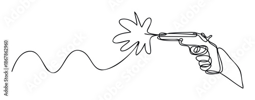 Dynamic single line drawing depicting a hand firing a revolver with a powerful blast effect, perfect for modern graphic design projects, educational materials, and expressive visual