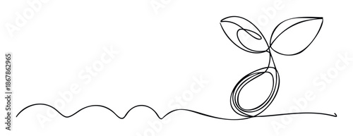 Elegant continuous line drawing of a small sprouting seedling with two leaves and a wavy root line, representing ecological growth, sustainable development, and a fresh start, ideal for