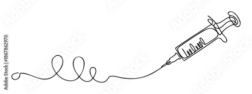 Sleek one line art depiction of a hypodermic needle and syringe, representing injection, medicine, or health solutions for scientific and pharmaceutical advertising.