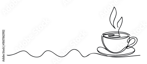 Elegant continuous line drawing of a steaming hot coffee cup with saucer, extending into a decorative wavy trace, perfect for modern branding, menu covers, or cafe themed applications.