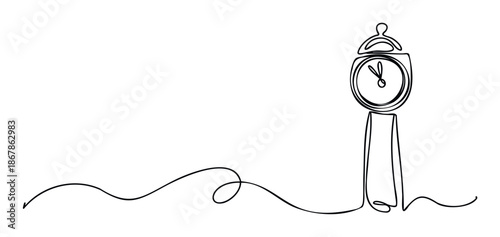 Simple continuous line sketch featuring a classic analog clock tower structure, perfect for visual communication materials related to time management, historical architecture, or urban