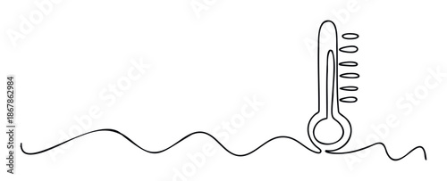 Minimalist continuous line drawing of a classic thermometer with scale markers and a wavy base line, useful for illustrating concepts of temperature, climate, health, and environmental