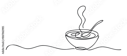 Continuous line drawing of a steaming hot bowl of soup with a spoon perfect for culinary content cooking blogs restaurant branding or minimalist kitchen decor