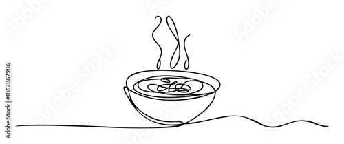 Minimalist continuous line drawing of a steaming hot bowl, perfect for cafe branding, culinary blogs, restaurant menus, or kitchen decor projects