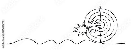 Minimalist continuous line drawing depicting a bullseye target struck by an arrow at its center, representing precision, business strategy, ambition, and objective realization for marketing