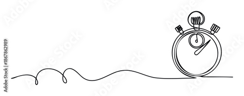 Single continuous line drawing depicting a stopwatch topped with an illuminated lightbulb, representing swift ideas and effective time management for various corporate and educational