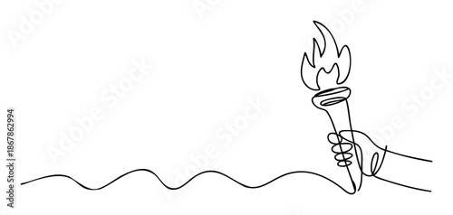 A continuous line drawing featuring a hand holding a flaming torch with a dynamic wavy line extending, ideal for illustrating concepts of progress, leadership, and athletic achievements in
