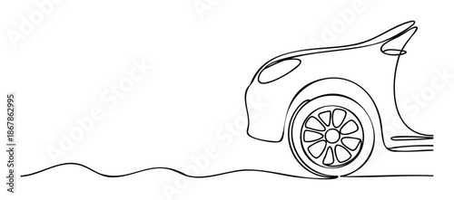 Minimalistic continuous line drawing of a dynamic car wheel and front body conveying speed and forward movement ideal for modern transportation branding or technology presentations