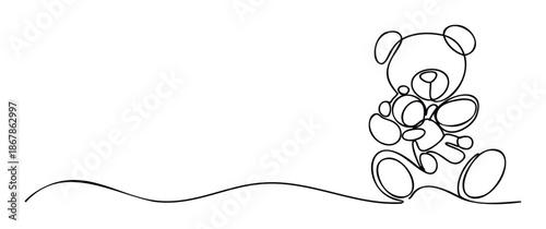 Simple continuous line drawing of a charming teddy bear holding a small gift, ideal for childrens book covers, greeting cards, baby shower invitations, or nursery room decoration.
