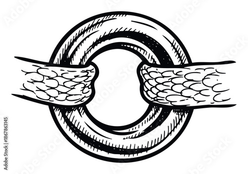 Black and white hand drawn ring held by scaled reptilian hands creating a strong visual concept suitable for branding, emblems, or mythical themed apparel designs