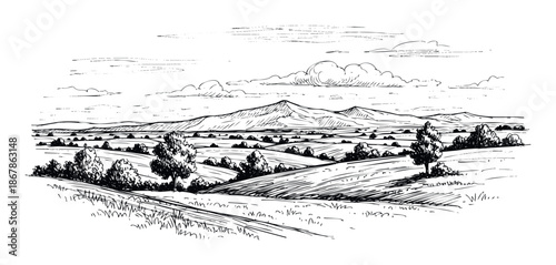 Hand drawn landscape sketch depicting rolling hills, distant mountains, and scattered trees under a cloudy sky, suitable for nature themed graphic projects and environmental design