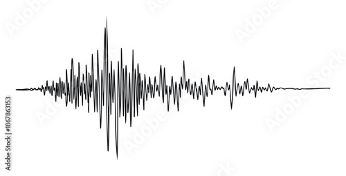 Dynamic black seismogram line graph representing a fluctuating earthquake wave or abstract sound vibration, ideal for scientific research, data visualization, and emergency warning system