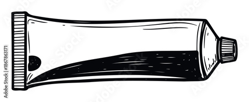 Hand drawn black outline sketch of a partially squeezed tube, suitable for packaging concepts, product illustrations, educational materials, or creative DIY projects.
