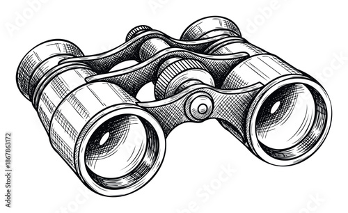 Hand drawn antique binoculars depicting a sense of journey and discovery, ideal for educational content, adventure themes, or historical documentaries.