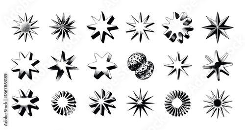 Abstract black and white star shapes and geometric forms with halftone texture suitable for modern graphic design projects including logos, icons, and print media decorations