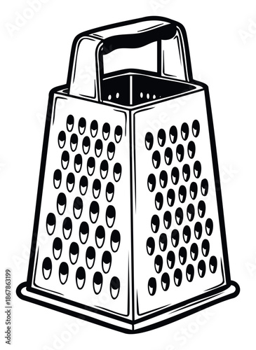 Household kitchen grater for grating cheese and vegetables, useful for various food preparation tasks in recipe books, culinary blogs, and home cooking websites.