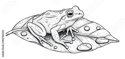 Precise black ink line work showing a frog with textured skin resting on a plant leaf adorned with water droplets, ideal for natural history, educational materials, or wildlife themed