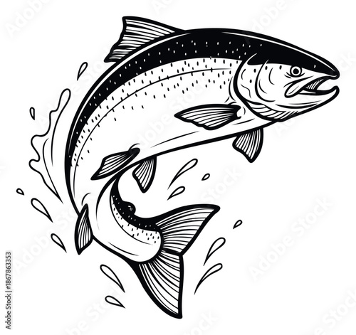 Energetic black and white salmon jumping from water with splashes perfect for fishing enthusiast merchandise logos or aquatic wildlife conservation material