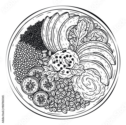 A delicious and fresh plantbased poke bowl filled with nutritious superfoods, grains, and vegetables, perfect for modern healthy lifestyle content and wellness marketing materials.