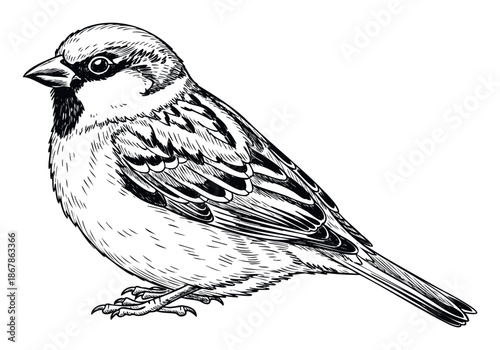 Hand drawn black and white sparrow perfect for nature themed educational publications, wildlife enthusiast blogs, and various graphic presentations.