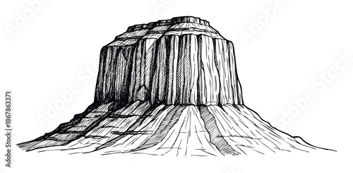 Handdrawn sketch of a rugged majestic mesa or butte in a rocky desert landscape, ideal for nature travel blogs, adventure tourism promotions, and educational geology materials