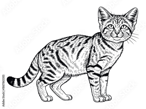 Detailed woodcut style illustration of a striped tabby cat standing, perfect for petrelated books, educational content, or animal lover merchandise.