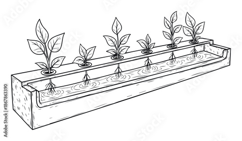 Detailed line drawing showcasing a hydroponic system with plants in different growth stages, their roots immersed in nutrientrich water, ideal for agricultural education and sustainable