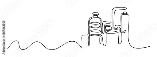 Minimalist single line artwork illustrating a factory or laboratory distillation apparatus with abstract liquid movement perfect for technology and science themed visuals